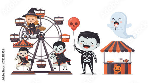 Halloween Carnival: A lively illustration of a Halloween carnival scene, featuring spooky characters like witches, vampires, skeletons, and ghosts, enjoying the festivities with a Ferris wheel.