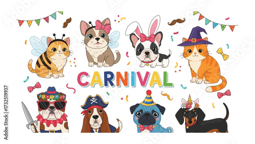 Carnival Pets: Adorable costumed pets, including cats and dogs, come together for a lively carnival celebration, with confetti, and vibrant colors.