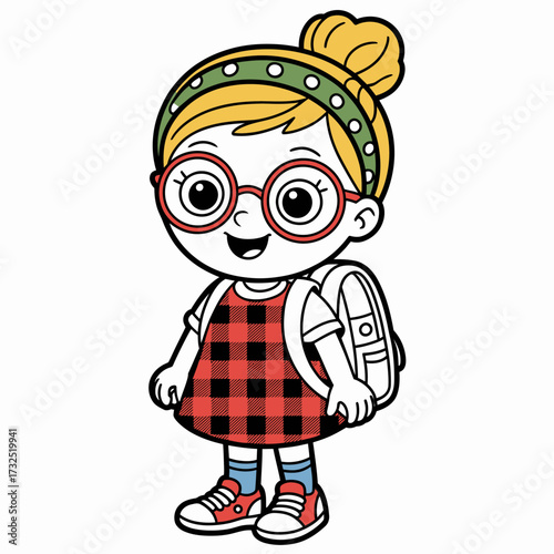 This cheerful illustration depicts a playful girl in a checkered dress and bun with a backpack, embodying the joy and anticipation of the school year ahead.