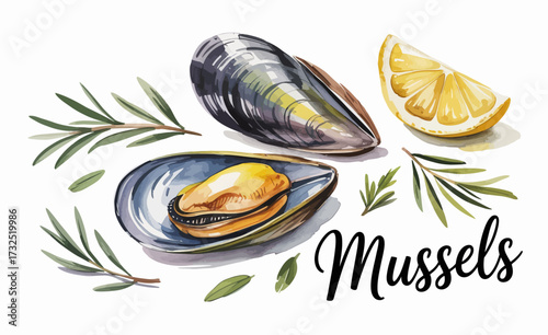 An exquisite collection of mussels featuring vibrant colors accompanied by lemon slices and herbs, symbolizing culinary richness and artful presentation.