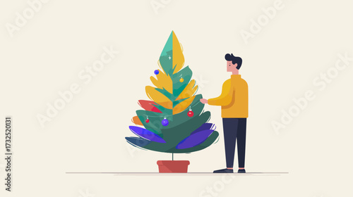 Person decorating colorful christmas tree