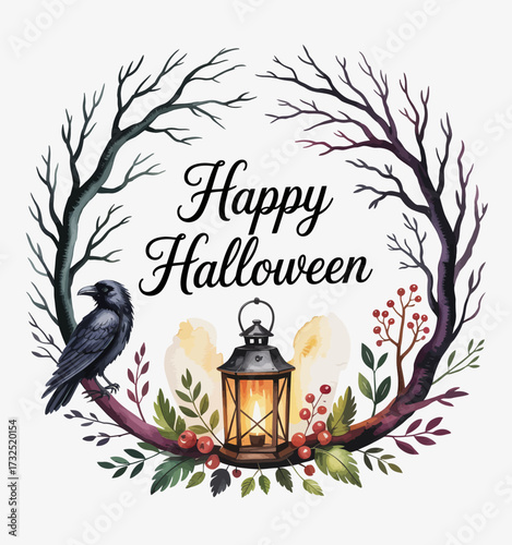 An artistic depiction of a Halloween-themed wreath adorned with a crow and lantern, combining natural elements to convey the spirit of fall and festive eeriness.