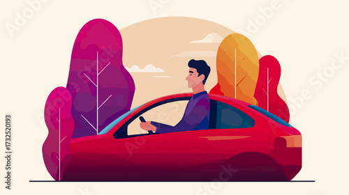 Person driving red car in scenic landscape