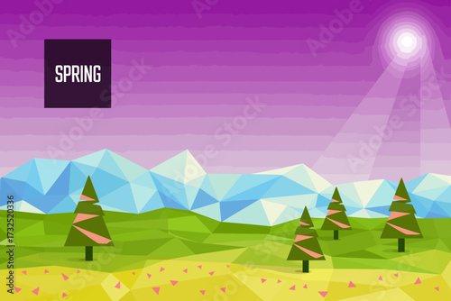 An eye-catching stylized polygonal scene featuring trees against a backdrop of stunning mountains and sunlight, evoking feelings of tranquility and beauty in springtime.