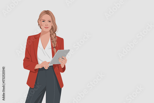 A sophisticated woman in a chic red blazer confidently holds a tablet, representing modern professionalism and creativity in the digital age of business.