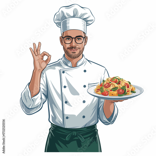 A proud chef presents a beautifully plated pasta dish, showcasing culinary skills with vibrant colors and fresh ingredients, embodying the art of Italian cooking.