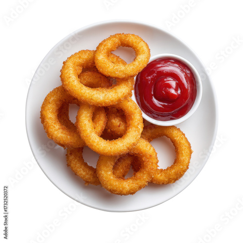 Crispy Golden Onion Rings Served with a Side of Rich Red Ketchup for Delicious Snacking Experience