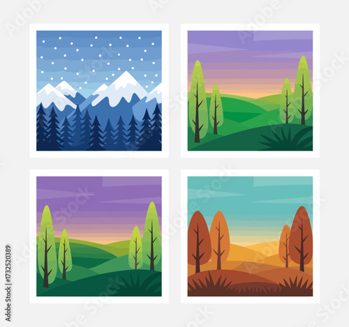 An energetic portrayal of a dynamic landscape marked by colorful trees and hills under twilight skies, symbolizing transitions and evoking a sense of calm and introspection.