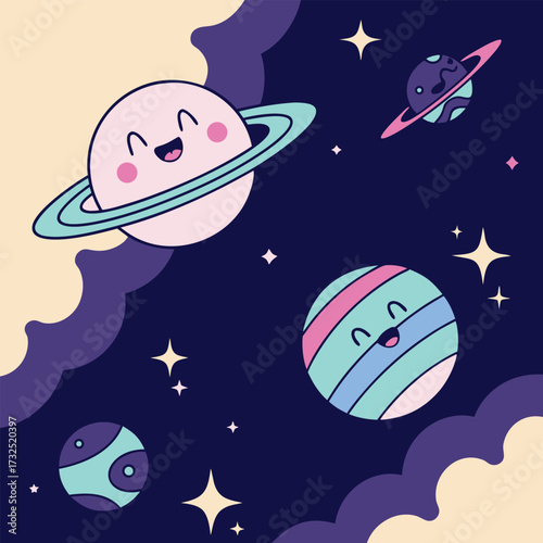 Whimsical planets with happy faces dance among sparkling stars in a playful, colorful cosmic scene