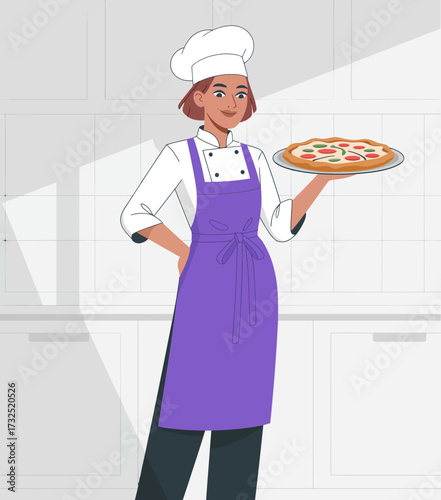 A chef confidently holds a pizza in a bright kitchen, reflecting culinary skills and the joy of creating and sharing delicious meals with family and friends.