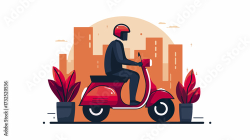Person riding red scooter in cityscape