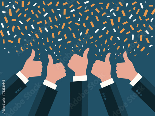 A vibrant illustration featuring several hands giving a thumbs up, surrounded by colorful confetti, conveying a sense of celebration and achievement in a business context.