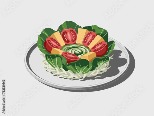 This colorful salad showcases fresh lettuce, tomatoes, and cheese in a visually appealing spiral design, perfect for promoting healthy eating and vibrant meals.