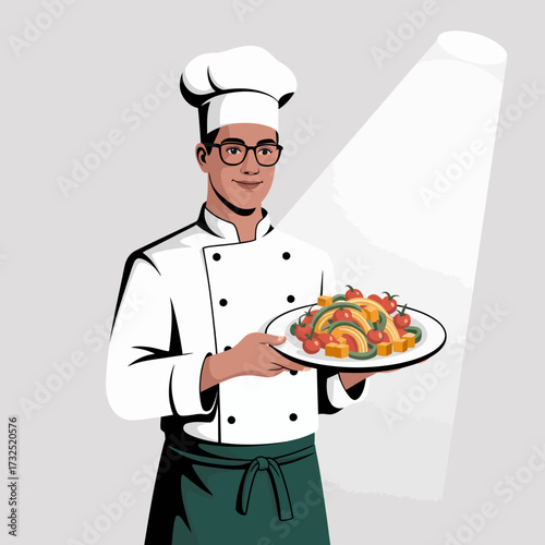 A confident chef showcases a colorful plate of gourmet food, emphasizing culinary skill and creativity in gourmet cooking, highlighting fresh ingredients and vibrant presentation.