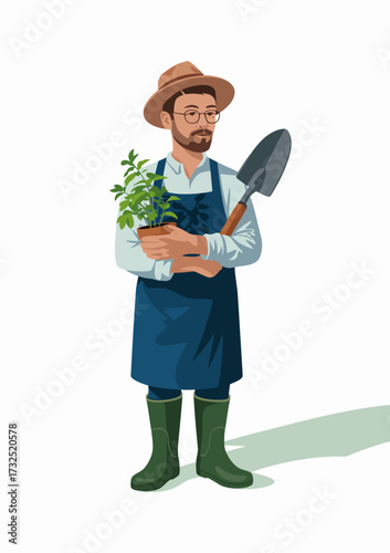 A skilled gardener stands proudly holding a potted plant and a shovel, symbolizing dedication, growth, and sustainable gardening practices in a vibrant and modern style.