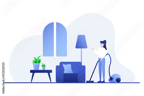 Home Cleaning Concept – Woman Vacuuming Modern Living Room