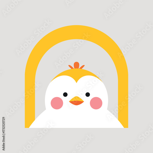 Logo of a cute cartoon chick with rosy cheeks peeking out from under a yellow arch, isolated on a light gray background