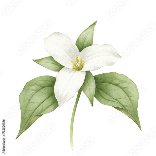 Delicate watercolor illustration of a white trillium flower and leaves isolated on white background