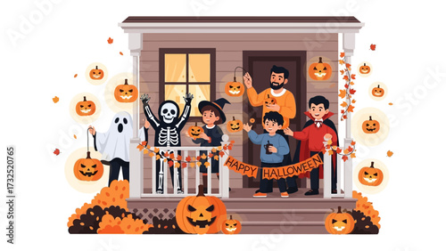 Enchanting Halloween Gathering: A collection of excited kids and parent, all geared up to enjoy the spooky and fun filled halloween festival. Decorate the exterior of the house.