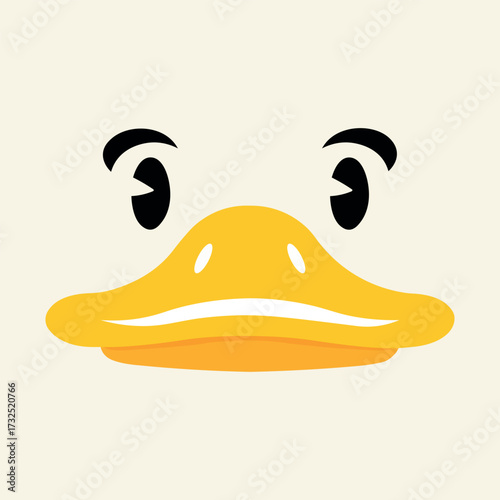 A closeup illustration of a cartoon ducks face with big yellow beak and black eyes logo