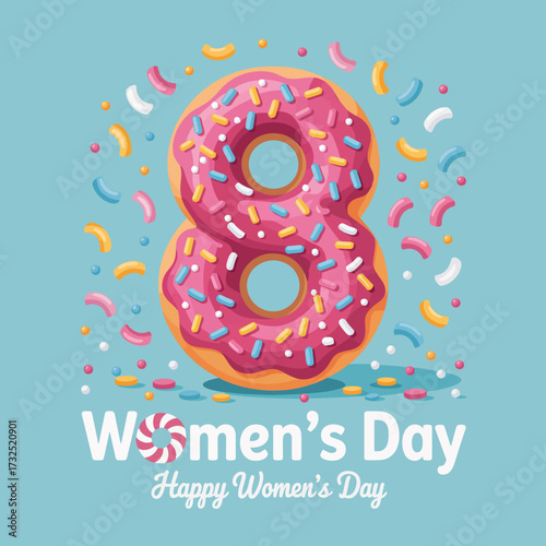 A whimsical pink donut shaped as an 8, surrounded by colorful confetti and sprinkles, celebrating Women's Day with vibrant creativity and joyful spirit in a modern style.