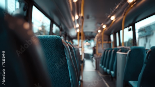 Medium shot of bus interior showing soundproof panels softly blurring the background for a quiet travel experience.