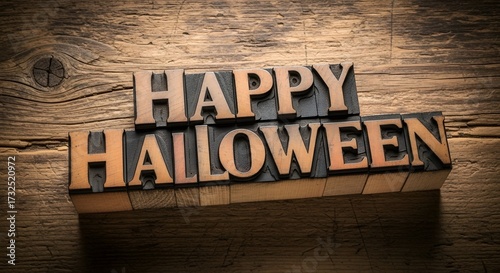 Happy halloween message in letterpress type on rustic wood surface for a spooky celebration