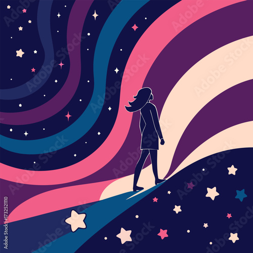 Woman confidently walking on a vibrant, star-filled path towards a brighter future, symbolizing dreams and aspirations.
