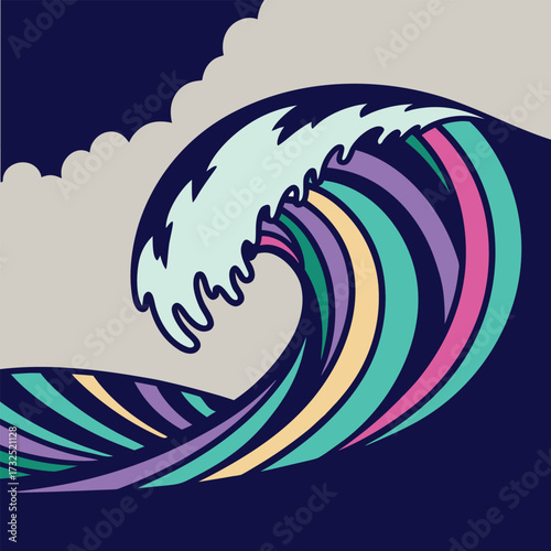 Dynamic ocean wave crashes with vibrant, colorful stripes creating a powerful, energetic, and modern abstract surf graphic