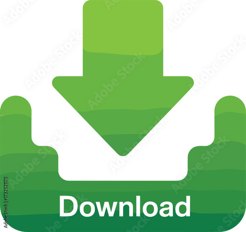 Green download icon, arrow and tray symbol, digital interface graphic, file transfer concept, gradient design, download button, vector illustration, modern UI element