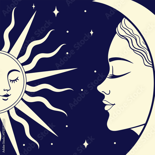 Mystical celestial beings, the sun and moon face each other in a starry night sky, evoking cosmic connection and serene beauty.