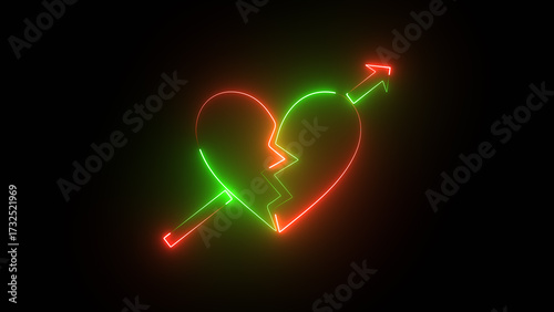 Neon Broken Heart Symbol Icon on Black Background, Broken heart animation, Concept 4k video