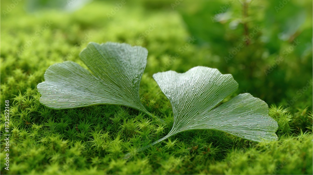 Fototapeta premium Two nearly-identical ginkgo leaves side-by-side on lush moss, macro reveals highly similar vein patterns and symmetry