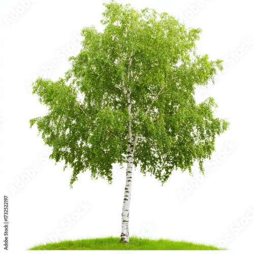 Bright Green Leafy Birch Tree Isolated on White Background