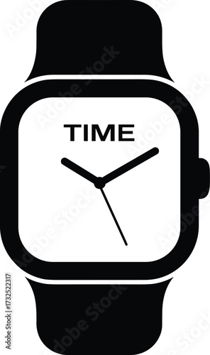 Minimal wristwatch illustration, black and white timepiece, modern watch face, stylized clock design, punctuality concept, time management icon, bold vector graphic, TIME text