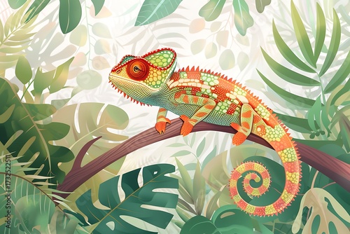 Whimsical chameleon artwork amidst lush tropical foliage illustration