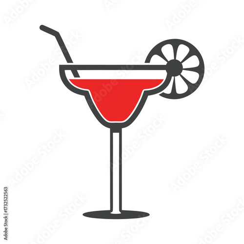 Red cocktail in margarita glass with straw and lime slice drink beverage