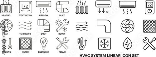 HVAC system icons showcasing heating, ventilation, and cooling components for easy understanding and application