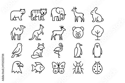 Various animal outlines including mammals, birds, and insects displayed in a neat grid layout