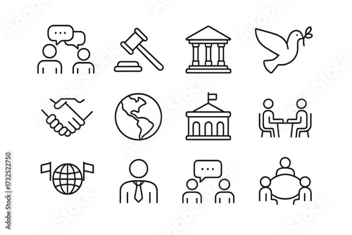 Symbols of diplomacy, justice, and global cooperation in a modern design