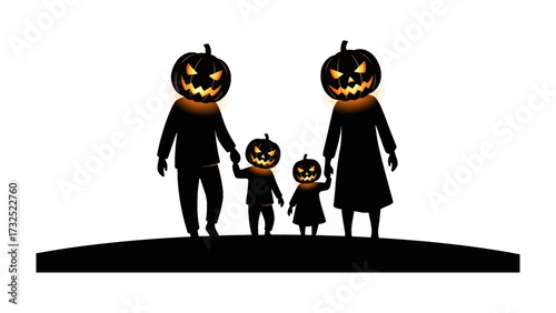 Halloween Family: A spooky yet heartwarming illustration of a family, each member with a carved pumpkin for a head. Glowing eyes and a shared sense of adventure fill the air.