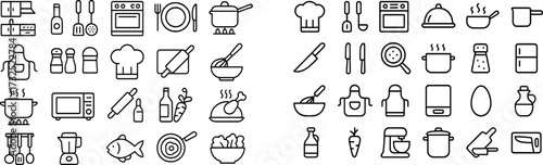 Kitchen utensils, ingredients, and cooking tools arranged in an organized layout for meal preparation and culinary activities