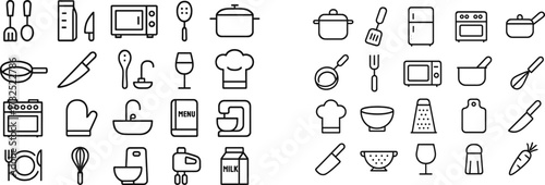 Kitchen tools and utensils collection featuring pots, cutlery, and cooking appliances in a minimalistic style