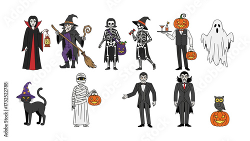 Halloween Characters Illustration: A captivating group of uniquely designed characters, each meticulously crafted, embody the playful spirit of Halloween.