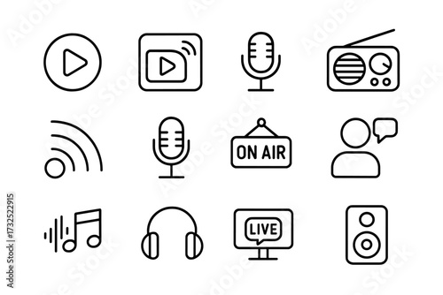 Collection of simple icons representing audio and video streaming activities and broadcasting equipment