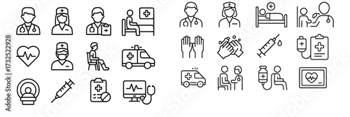 Health care icons illustrating various medical professions and activities in a hospital setting