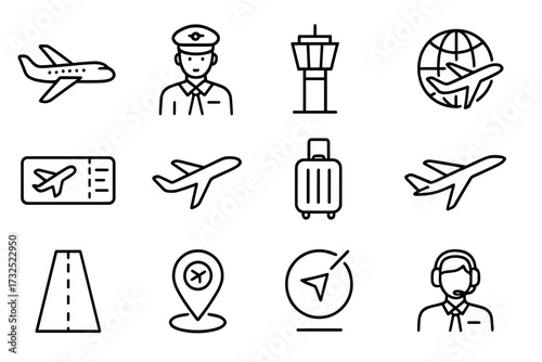 Travel and aviation icons showcasing various elements of flying including airplanes, pilots, tickets, and terminals