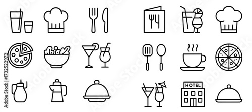 Symbols of culinary delights and hospitality with various food and drink icons arranged in a neat grid pattern