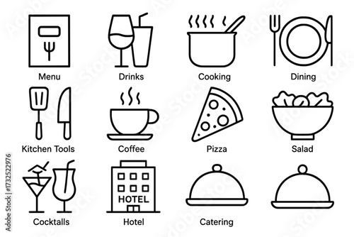 Icons representing a variety of dining activities and food services on a simple grid layout