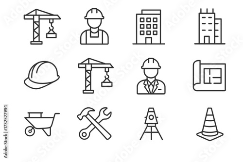 Construction site activities showcasing various tools, workers, and equipment during a busy workday